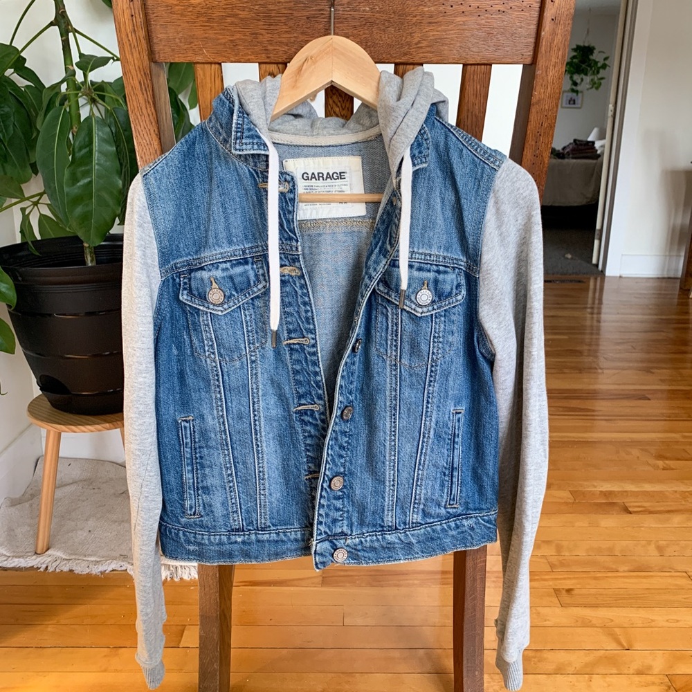 Garage Denim Jacket with grey sweater sleeves and hood